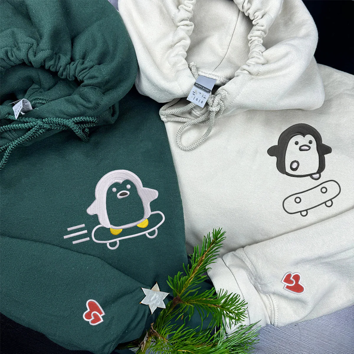 Custom Embroidered Skateboard Penguin Matching Hoodies for Couples - Image 5