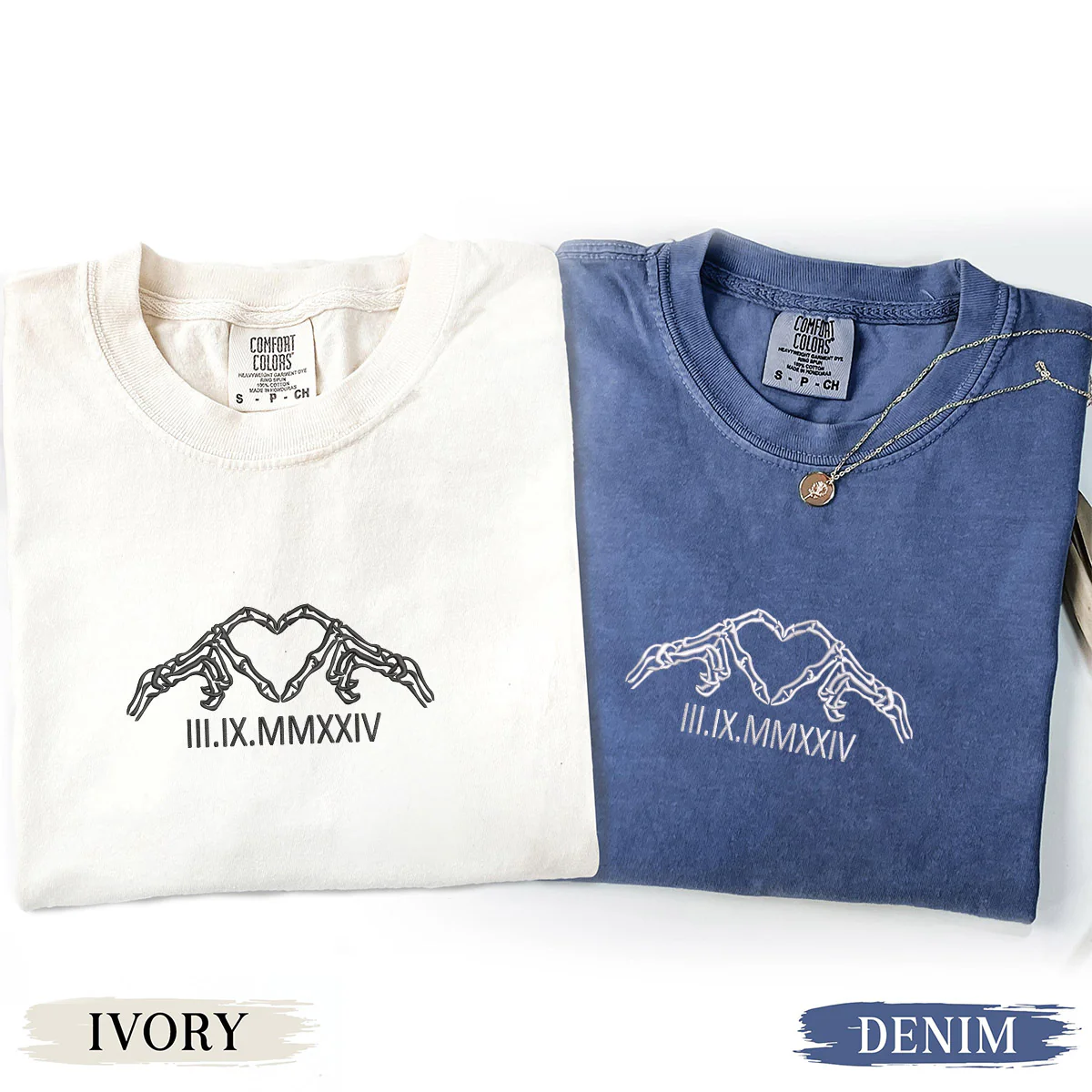 Custom Embroidered Skeleton Heart Roman Numeral Matching T-shirts for Couples