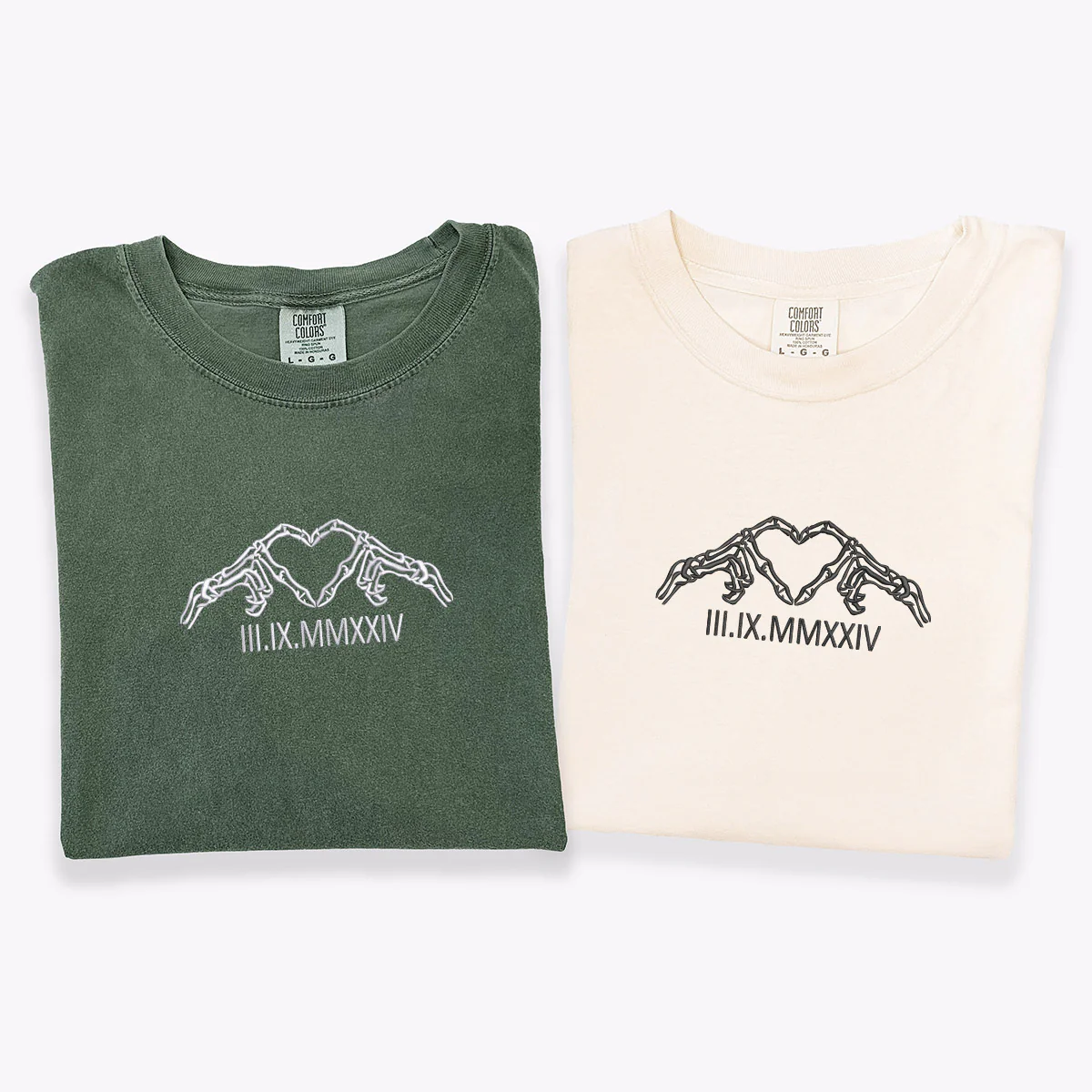 Custom Embroidered Skeleton Heart Roman Numeral Matching T-shirts for Couples - Image 3