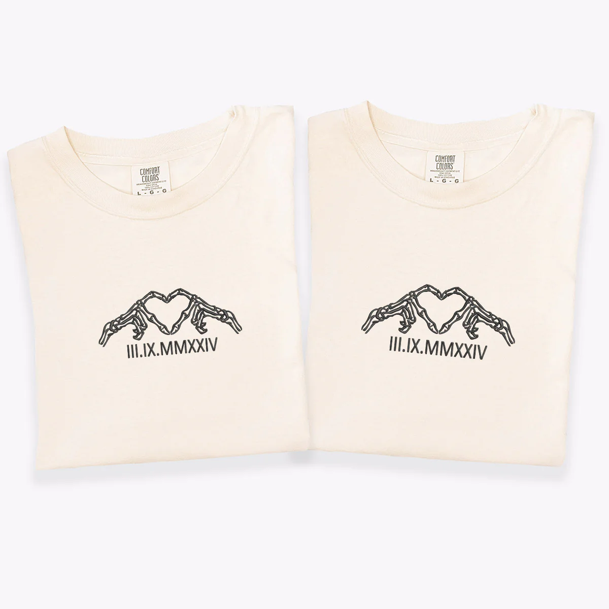 Custom Embroidered Skeleton Heart Roman Numeral Matching T-shirts for Couples - Image 4
