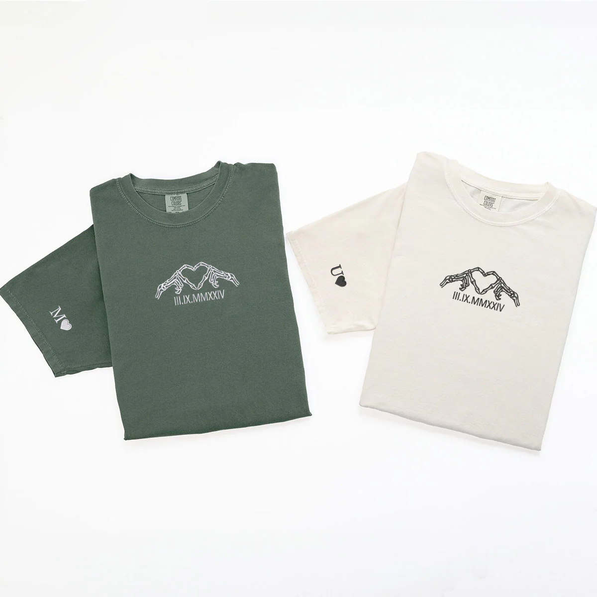 Custom Embroidered Skeleton Heart Roman Numeral Matching T-shirts for Couples - Image 5