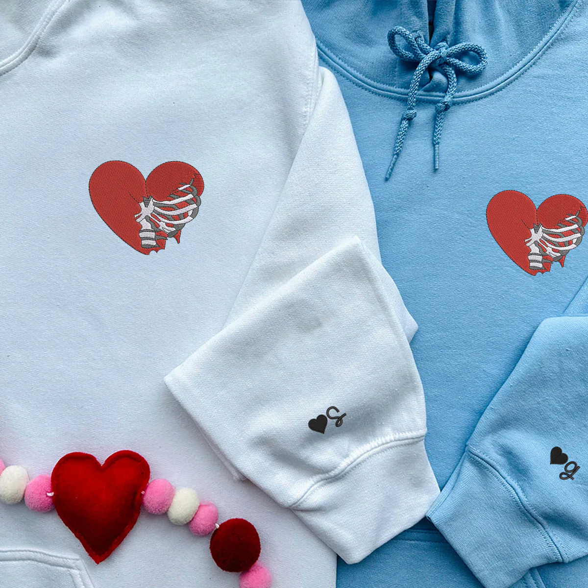 Custom Embroidered Skeleton Rib Heart Matching Hoodies for Couples - Image 2