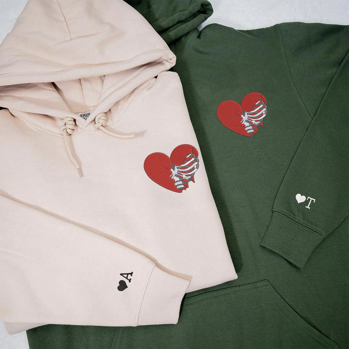 Custom Embroidered Skeleton Rib Heart Matching Hoodies for Couples - Image 3