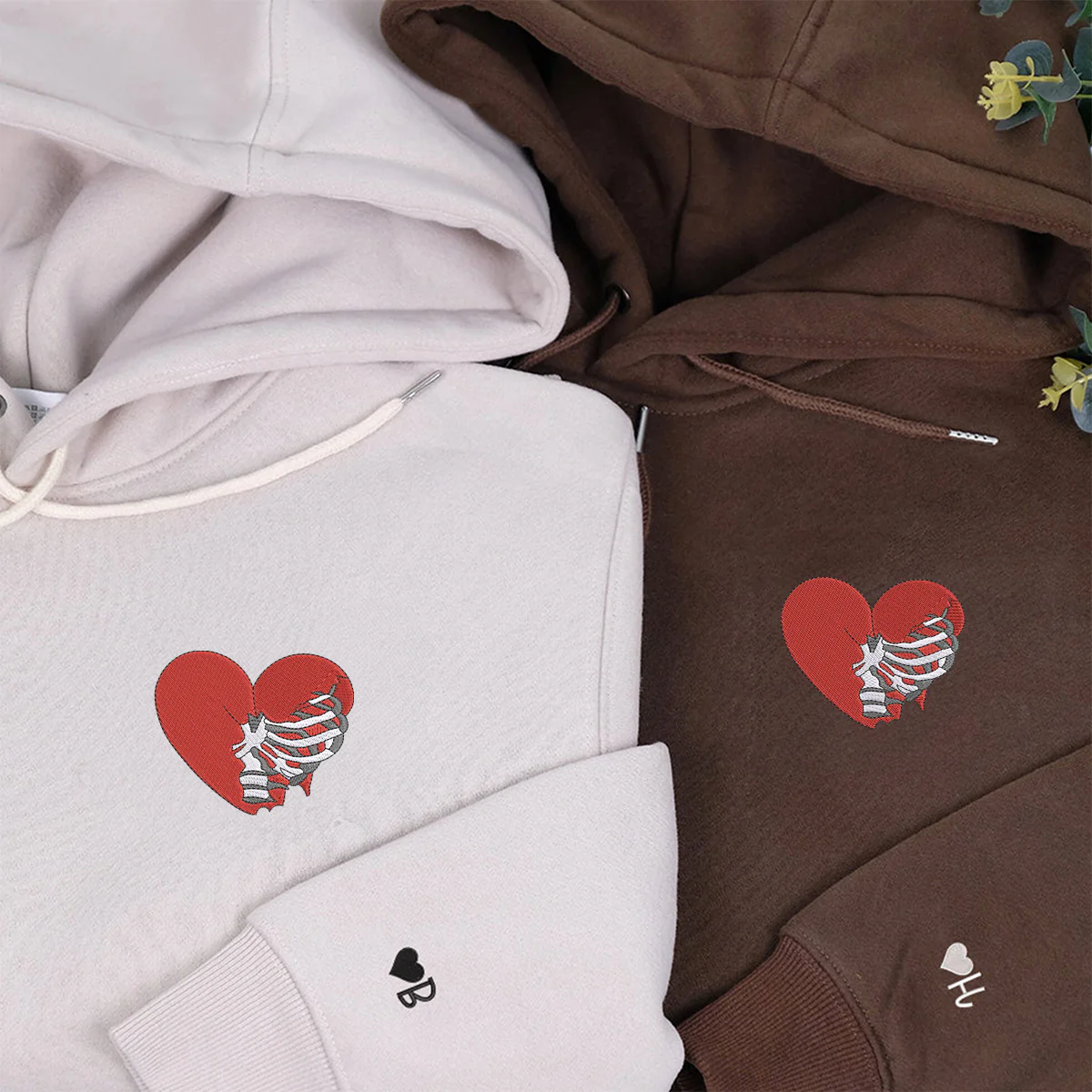 Custom Embroidered Skeleton Rib Heart Matching Hoodies for Couples - Image 4