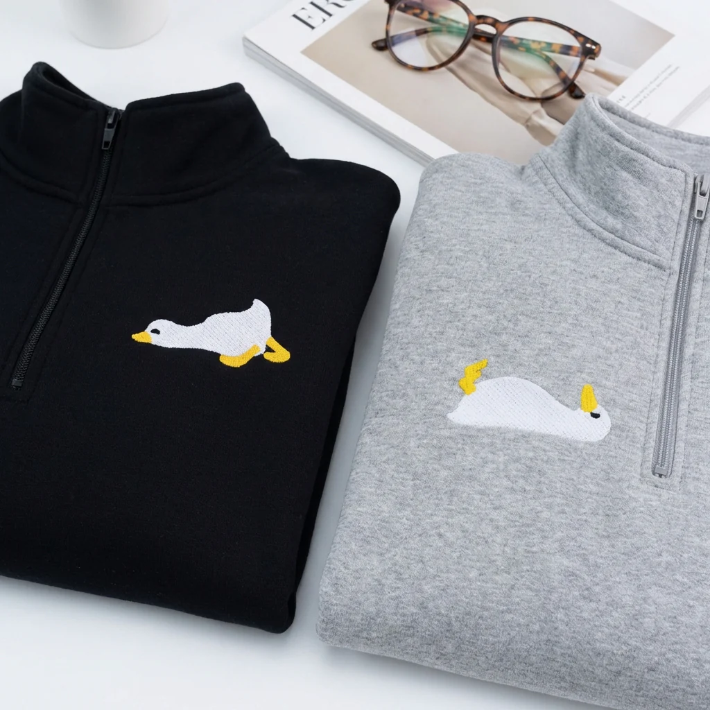 Custom Embroidered Sleepy Goose Matching Quarter Zip Sweatshirts & Full-Zip Hoodie for Couples - Image 5