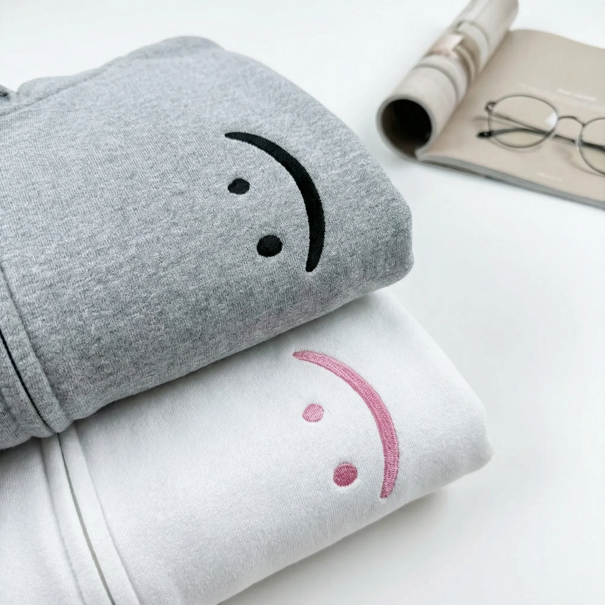 Custom Embroidered Smile Face Matching Quarter Zip Sweatshirts & Full-Zip Hoodie for Couples
