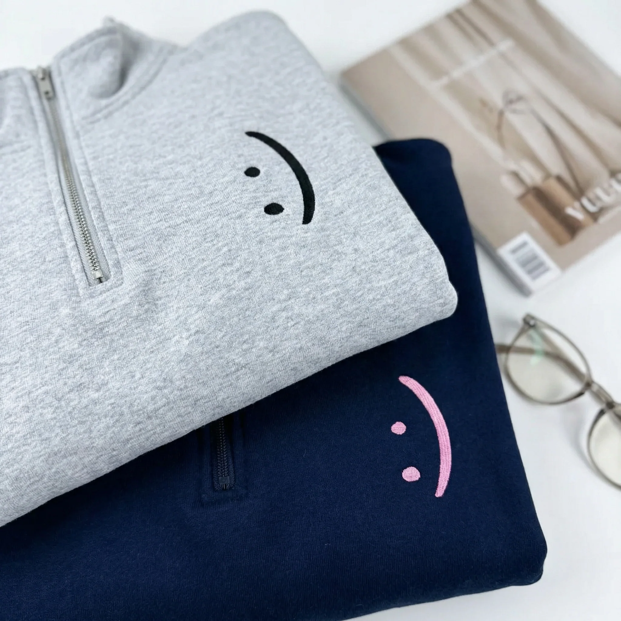 Custom Embroidered Smile Face Matching Quarter Zip Sweatshirts & Full-Zip Hoodie for Couples - Image 5