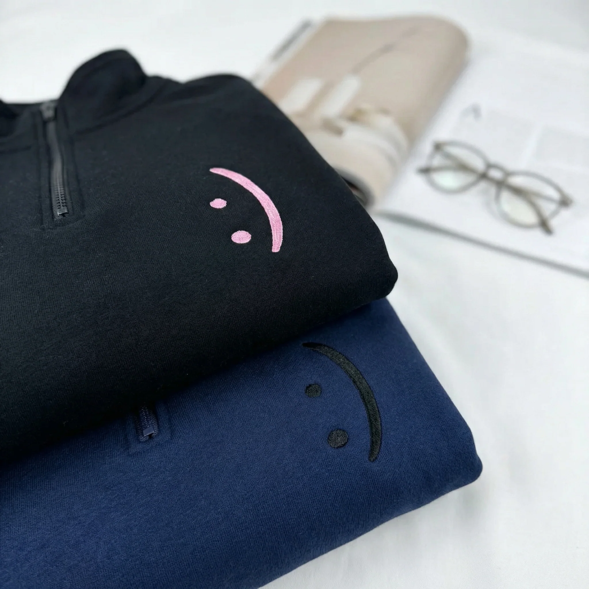 Custom Embroidered Smile Face Matching Quarter Zip Sweatshirts & Full-Zip Hoodie for Couples - Image 6