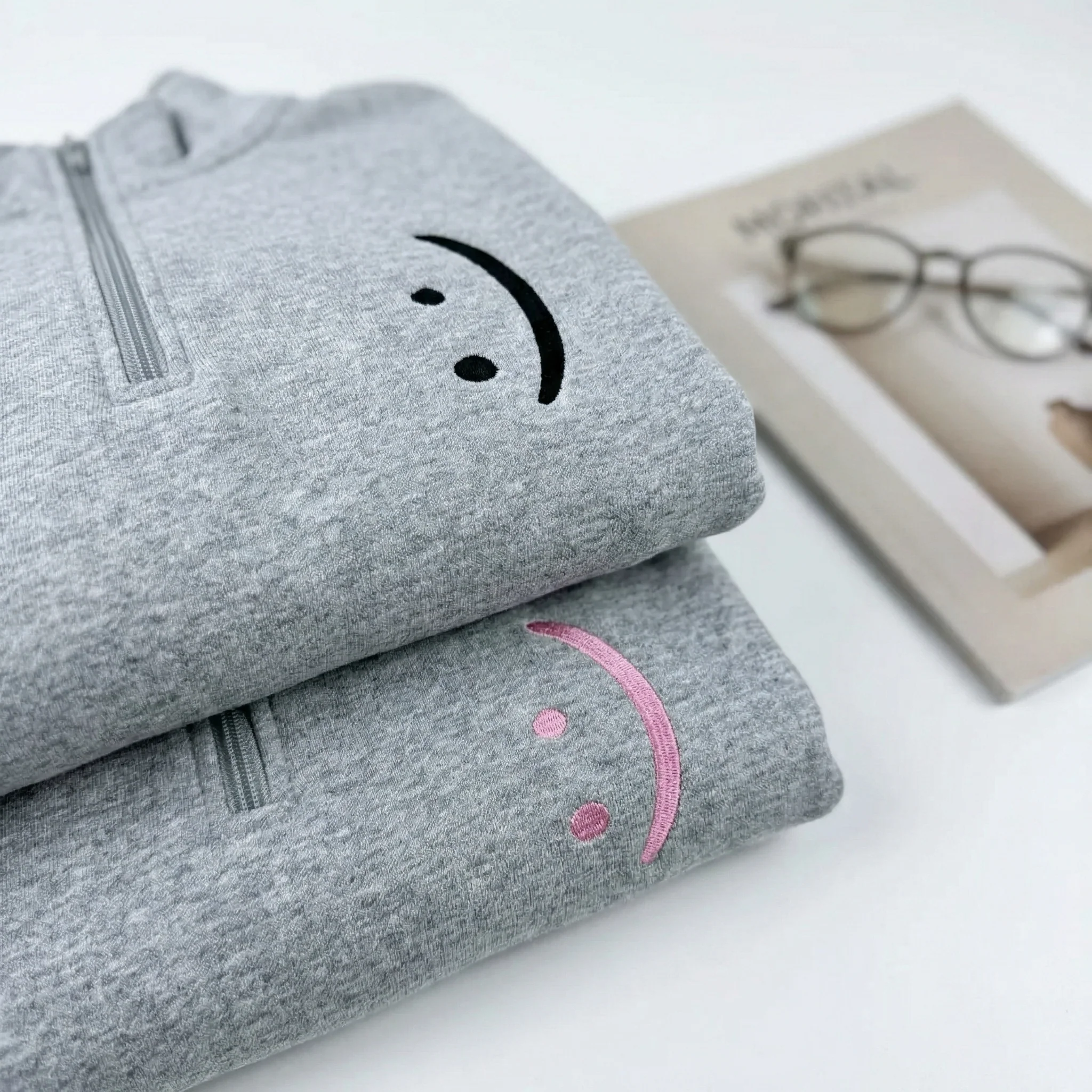 Custom Embroidered Smile Face Matching Quarter Zip Sweatshirts & Full-Zip Hoodie for Couples - Image 7
