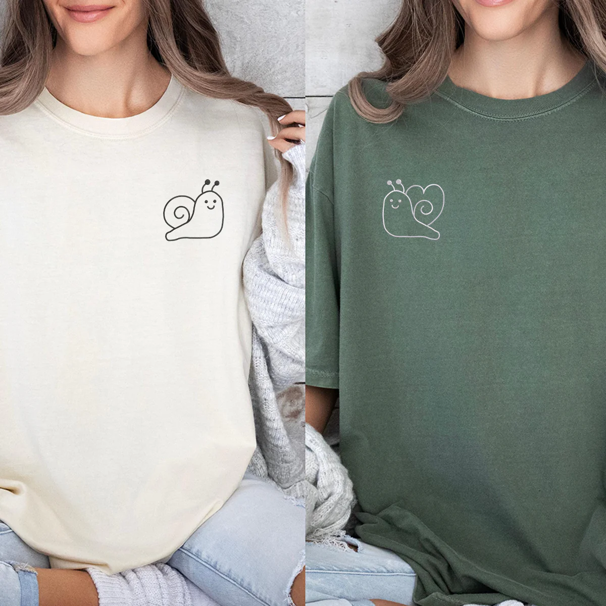 Custom Embroidered Snail Love Matching T-shirts for Couples - Image 5