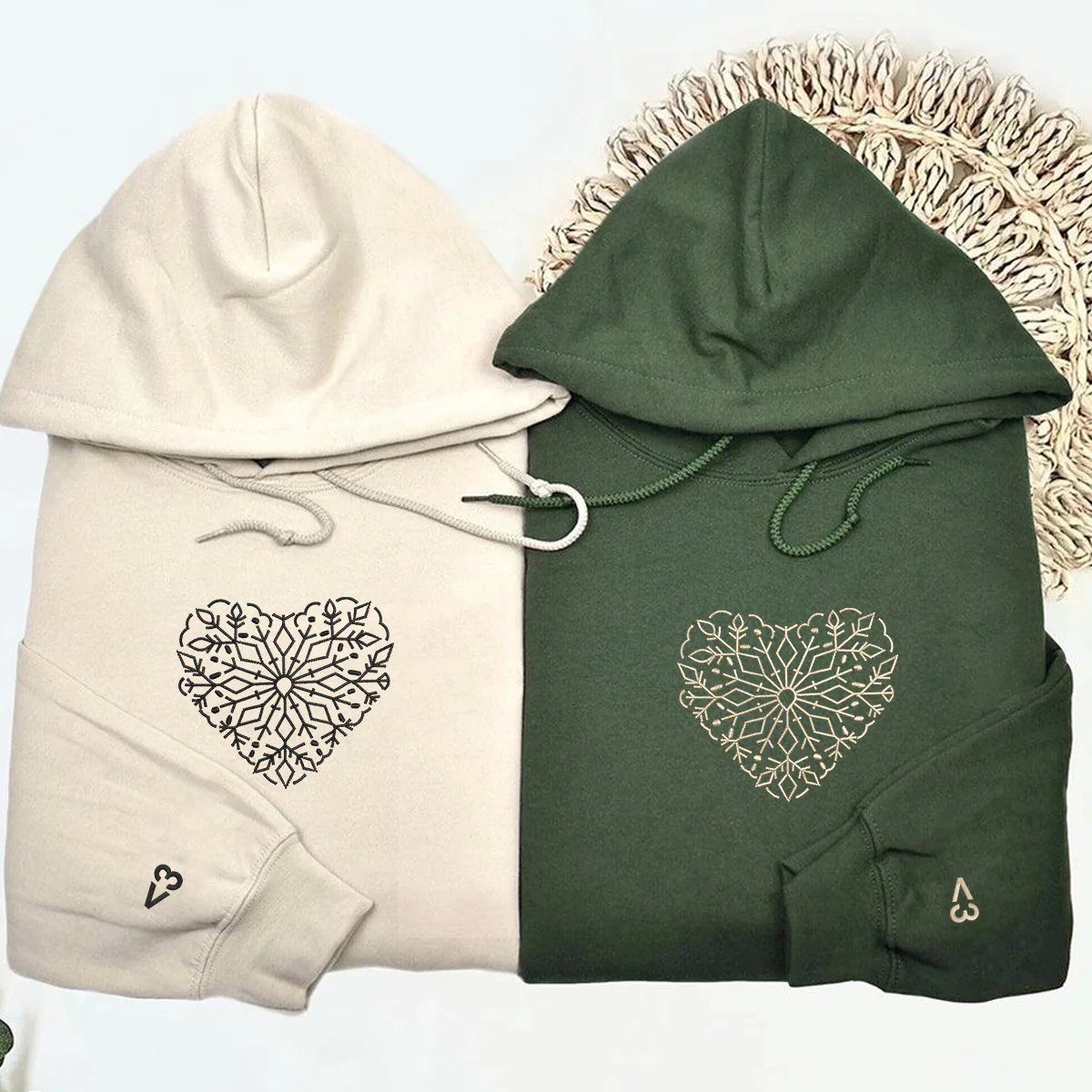 Custom Embroidered Snowflake Heart Matching Hoodies for Couples - Image 2