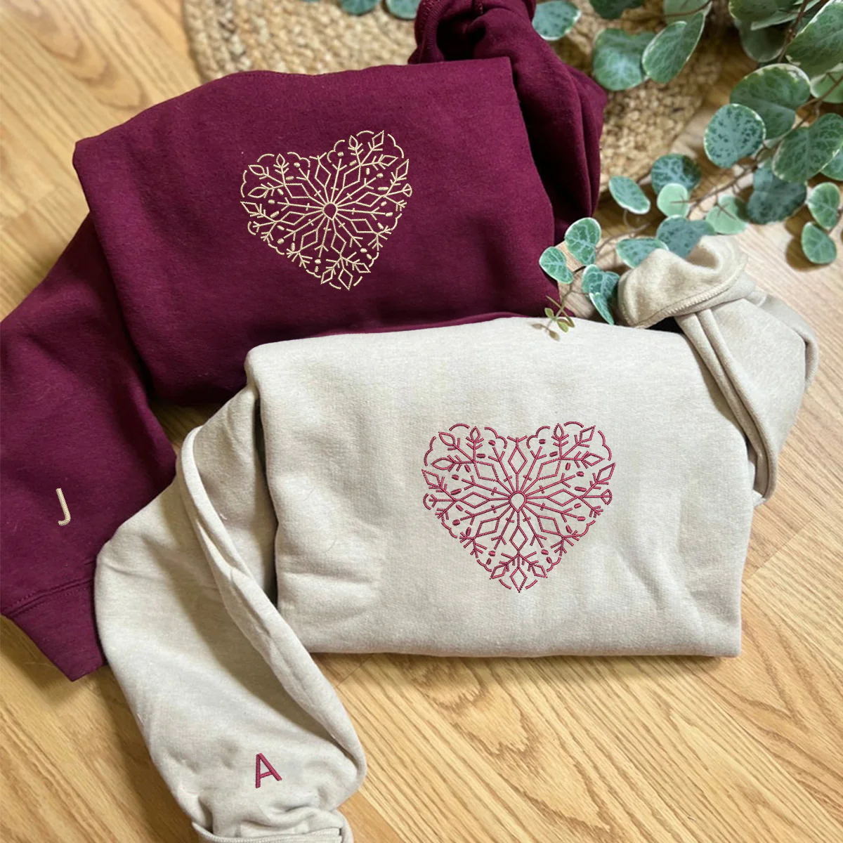 Custom Embroidered Snowflake Heart Matching Hoodies for Couples - Image 3