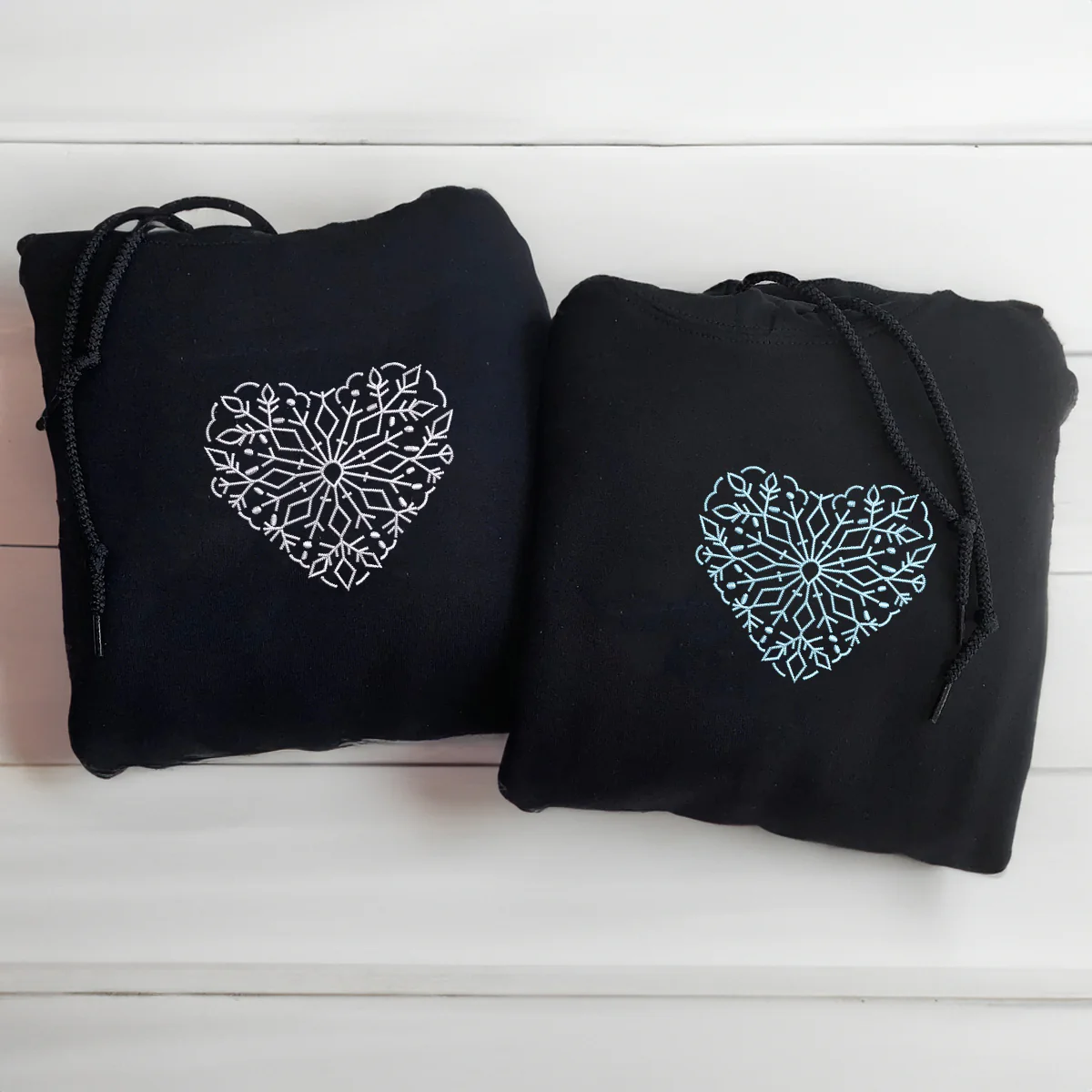 Custom Embroidered Snowflake Heart Matching Hoodies for Couples - Image 4