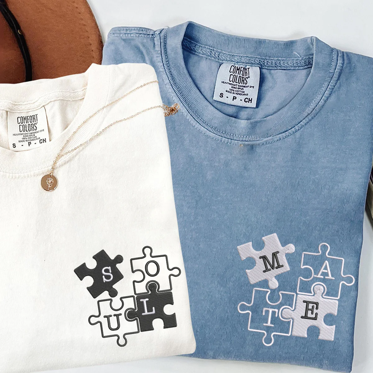 Custom Embroidered Soul Mate V1 Matching T-shirts for Couples