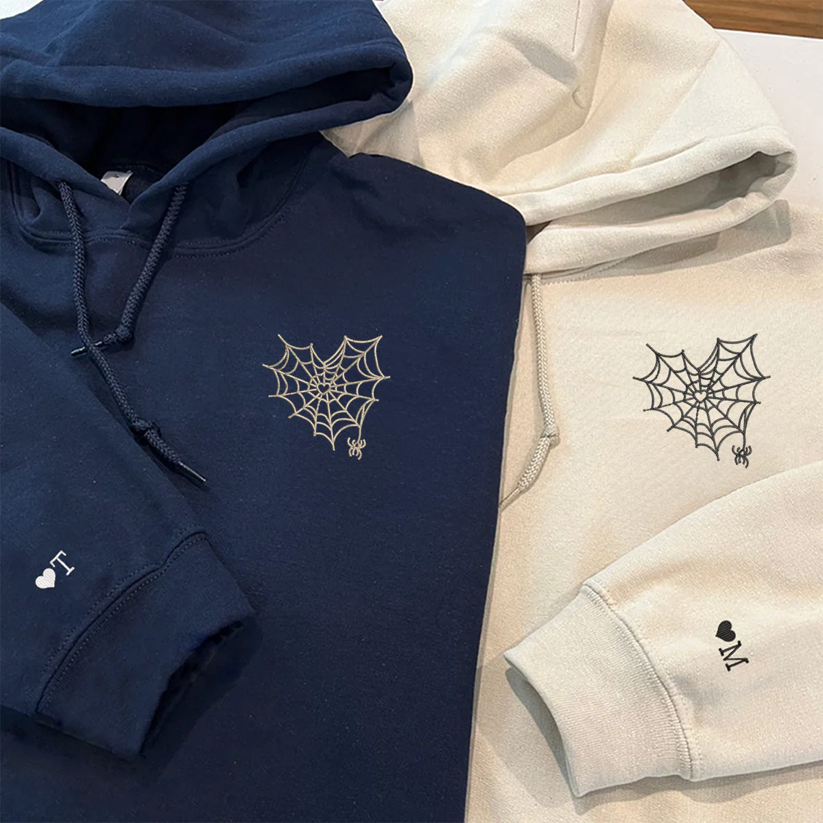 Custom Embroidered Spider Web Heart Matching Hoodies for Couples - Image 3