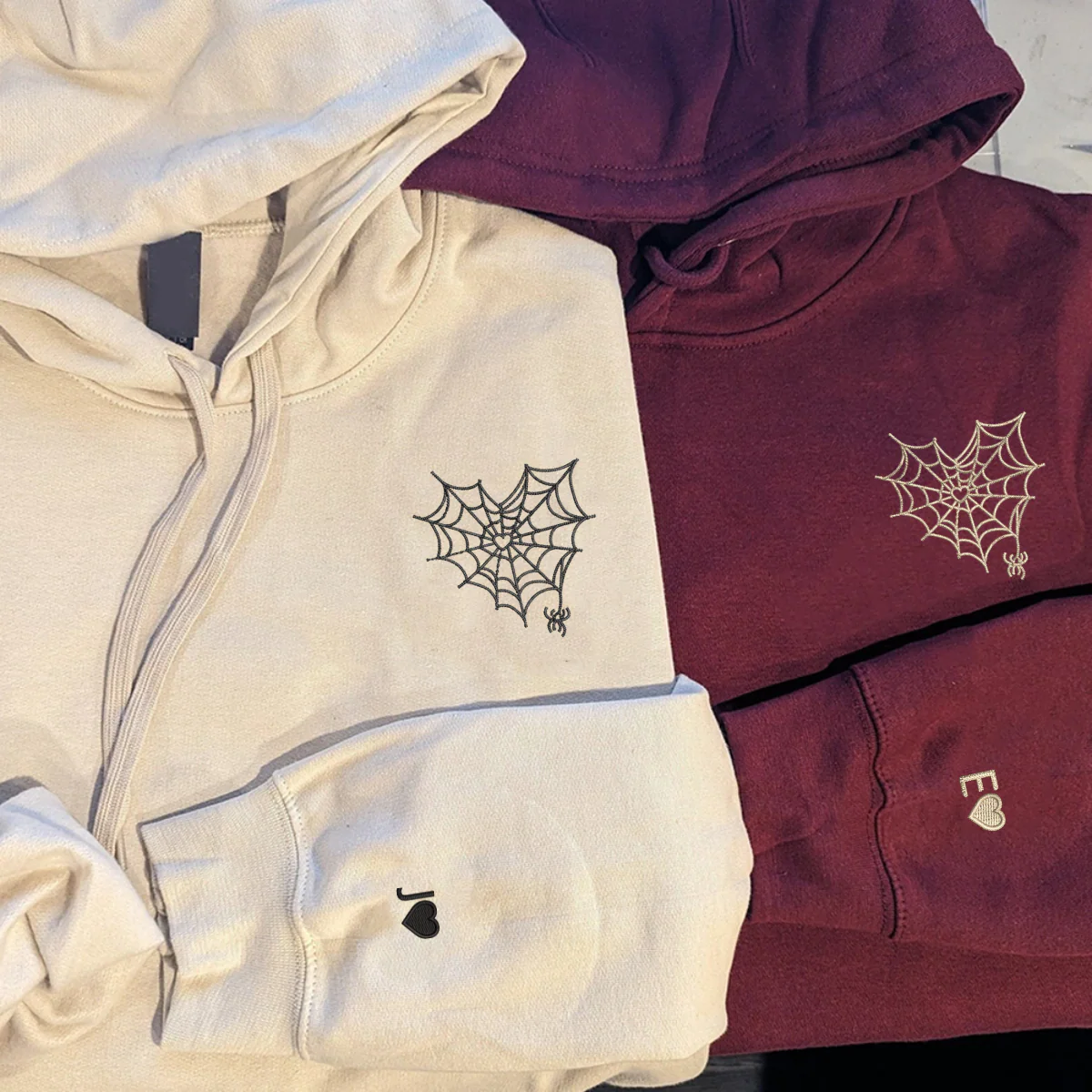 Custom Embroidered Spider Web Heart Matching Hoodies for Couples - Image 4