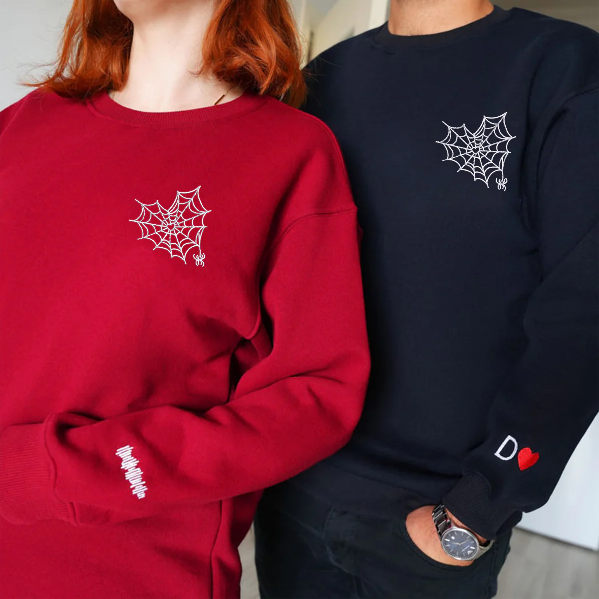 Custom Embroidered Spider Web Heart Matching Hoodies for Couples - Image 6