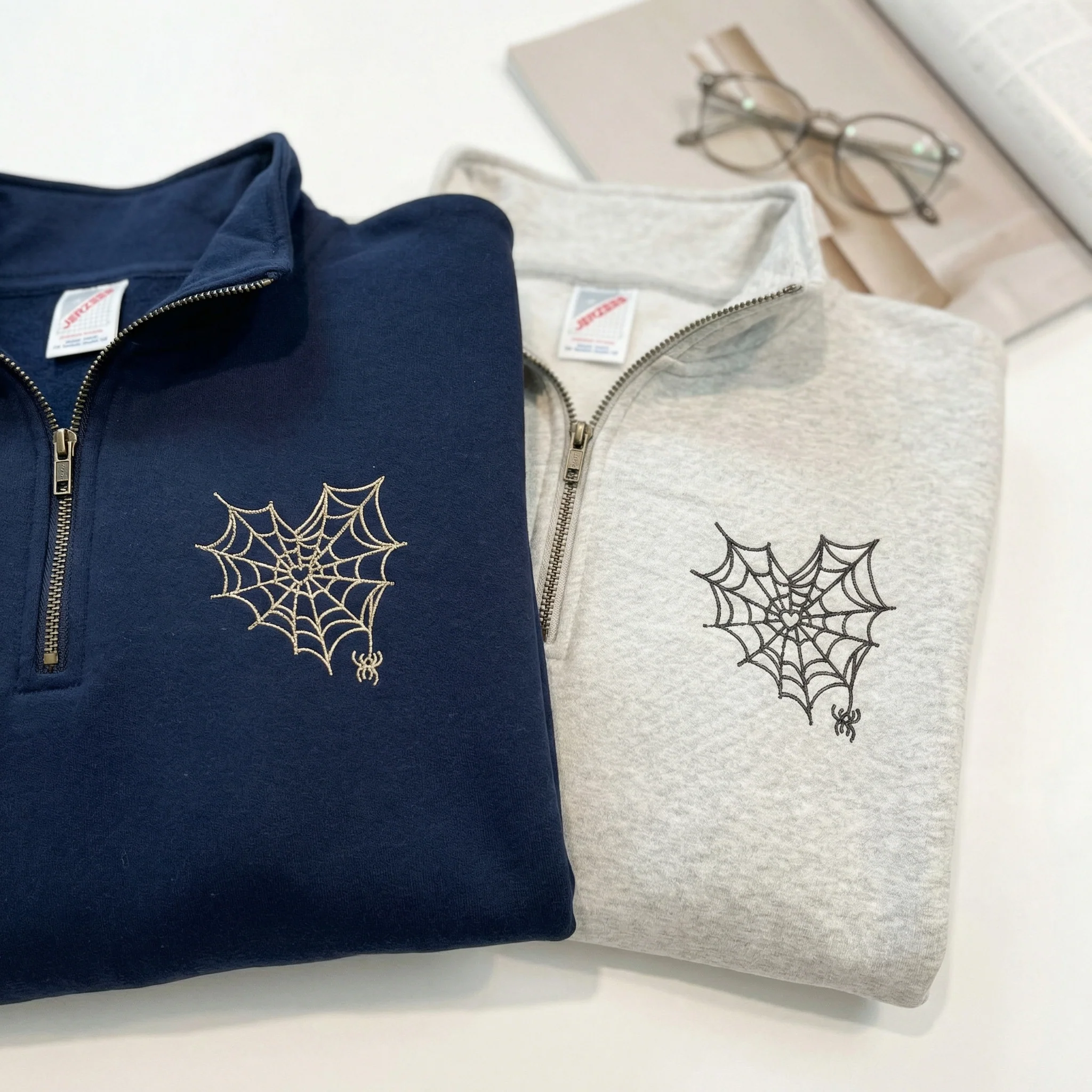 Custom Embroidered Spider Web Heart Matching Quarter Zip Sweatshirts & Full-Zip Hoodie for Couples