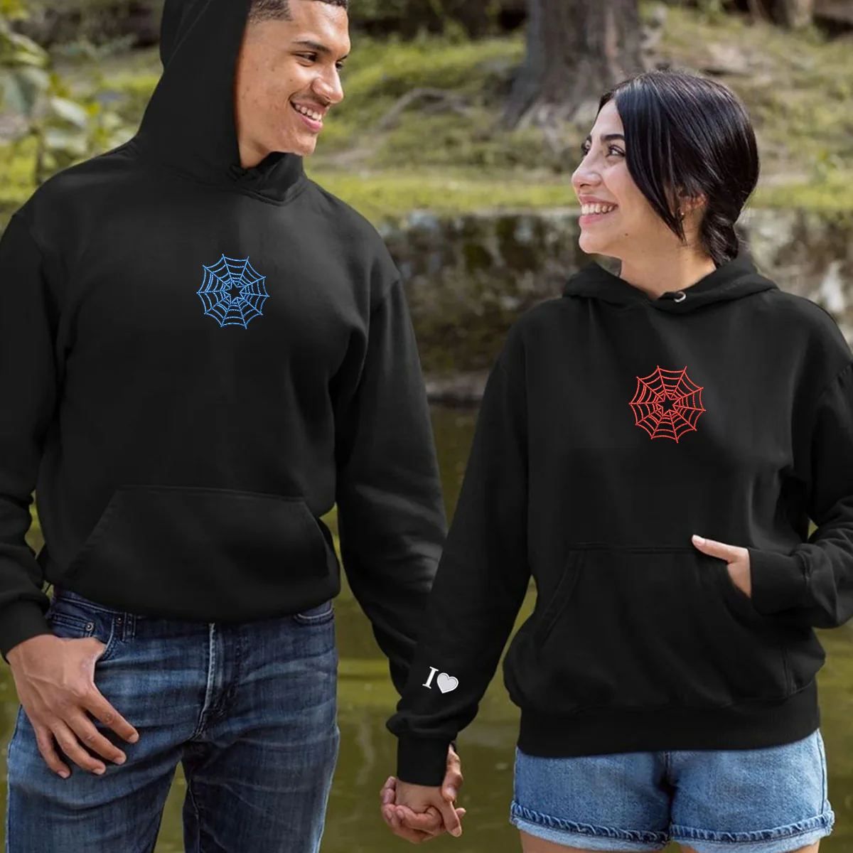 Custom Embroidered Spiderweb Star Matching Hoodies for Couples - Image 5