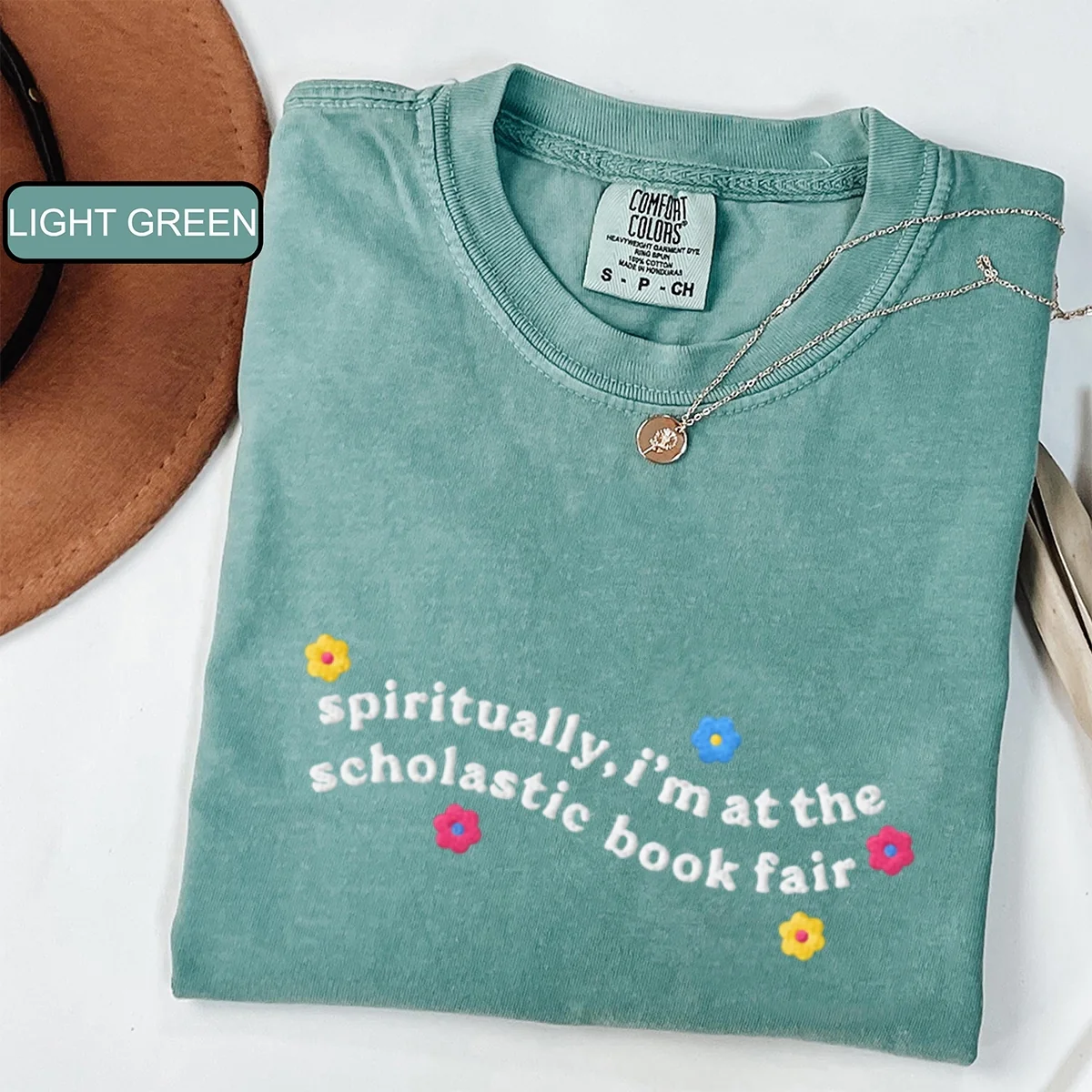 Custom Embroidered Spiritually I’m at the Scholastic Book Fair T-Shirt – Cozy Reader Tee - Image 3