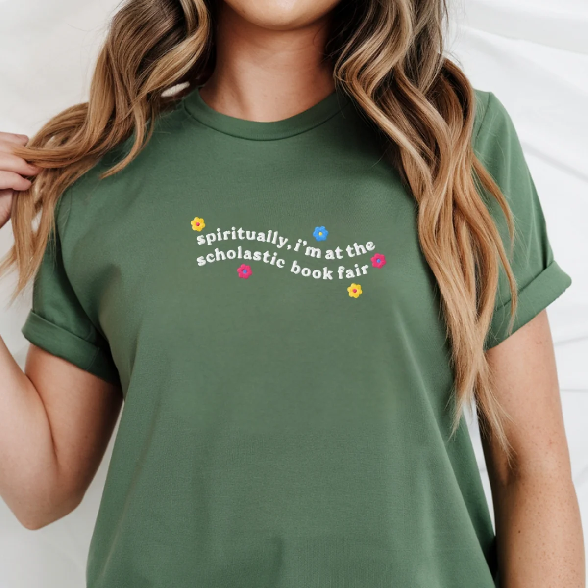 Custom Embroidered Spiritually I’m at the Scholastic Book Fair T-Shirt – Cozy Reader Tee - Image 6