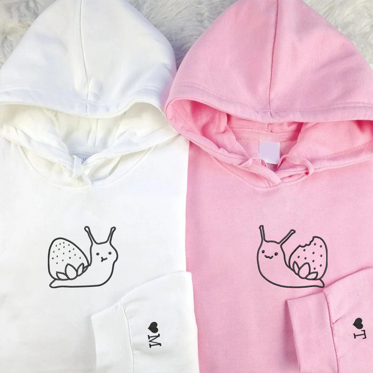 Custom Embroidered Strawberry Snail Matching Hoodies for Couples - Image 2