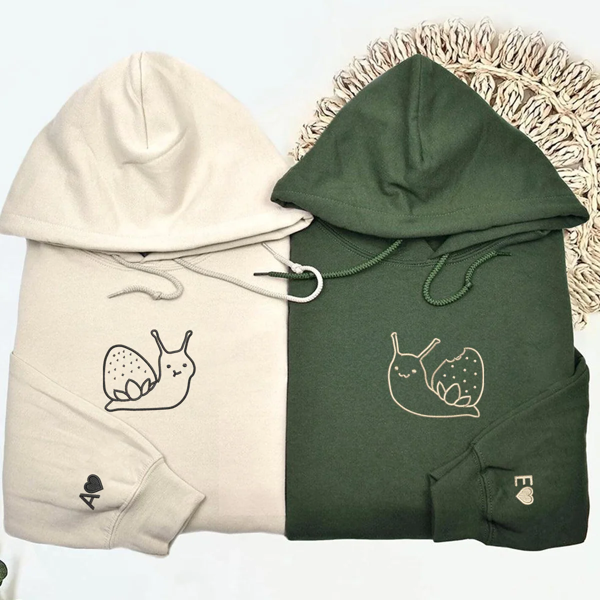 Custom Embroidered Strawberry Snail Matching Hoodies for Couples - Image 3
