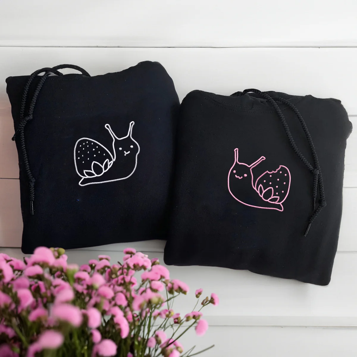 Custom Embroidered Strawberry Snail Matching Hoodies for Couples - Image 4