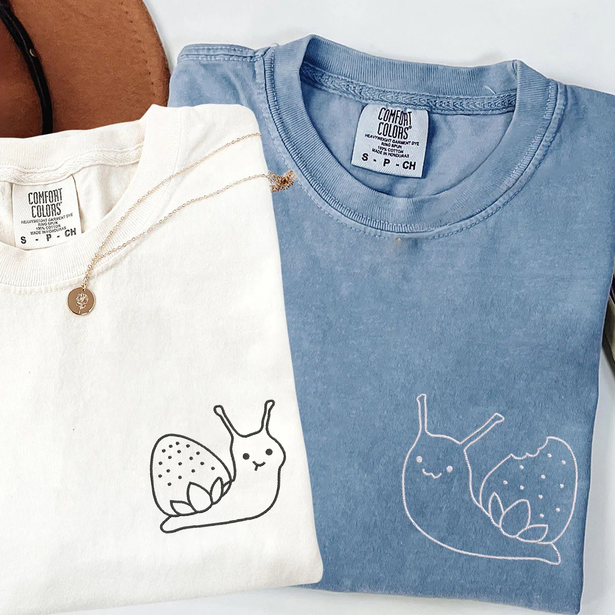 Custom Embroidered Strawberry Snail Matching T-shirts for Couples