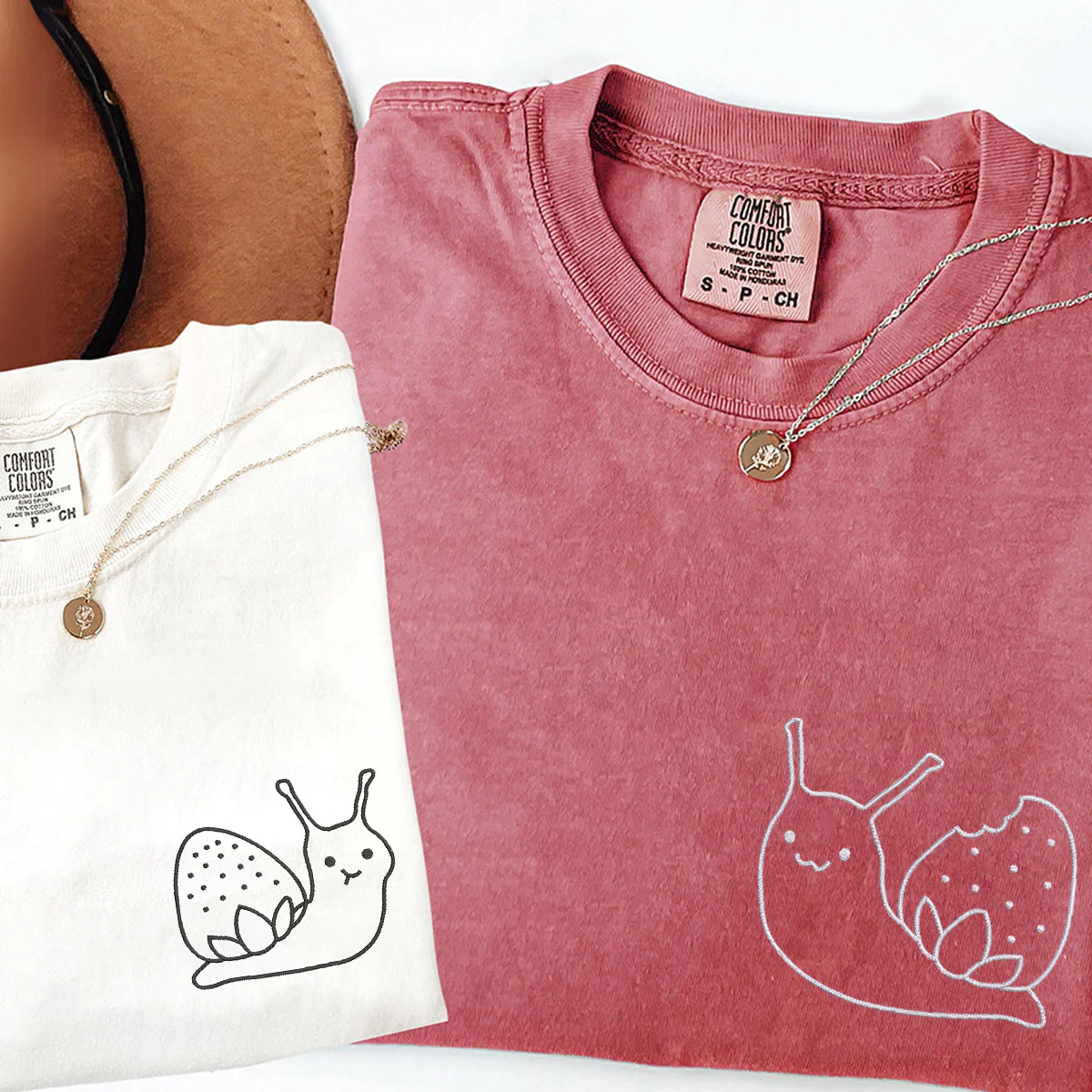 Custom Embroidered Strawberry Snail Matching T-shirts for Couples - Image 3
