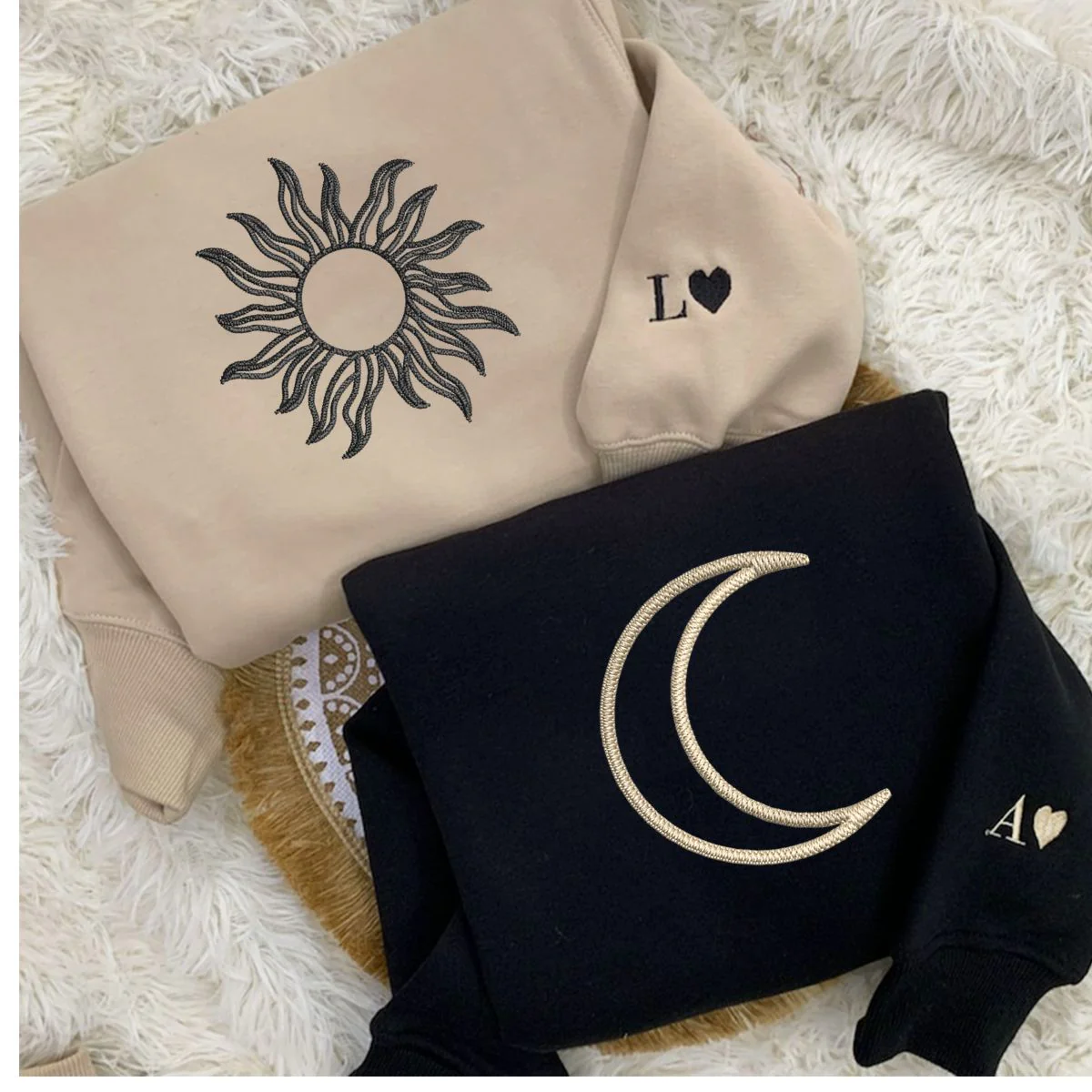 Custom Embroidered Sun and Moon Matching Hoodies for Couples - Image 2