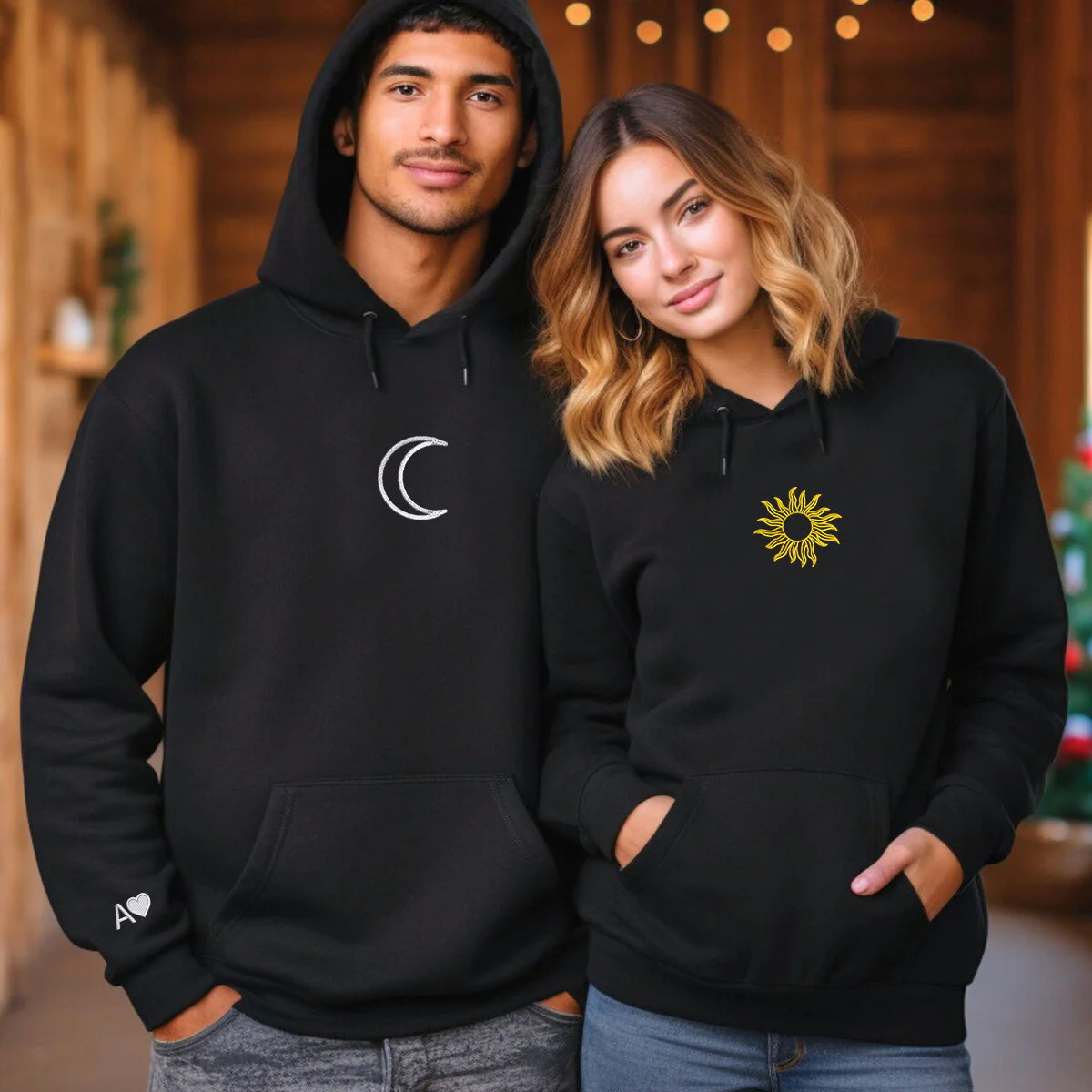 Custom Embroidered Sun and Moon Matching Hoodies for Couples - Image 6