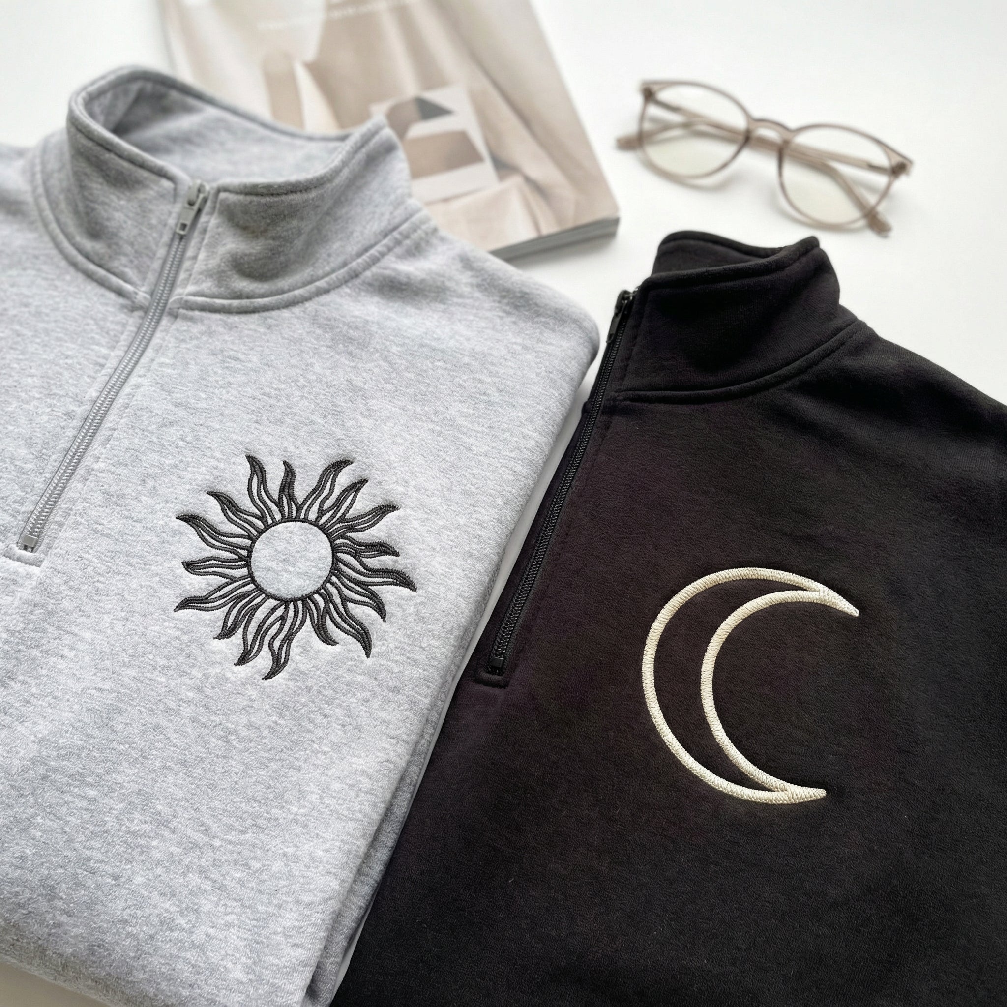 Custom Embroidered Sun and Moon Matching Quarter Zip Sweatshirts & Full-Zip Hoodie for Couples