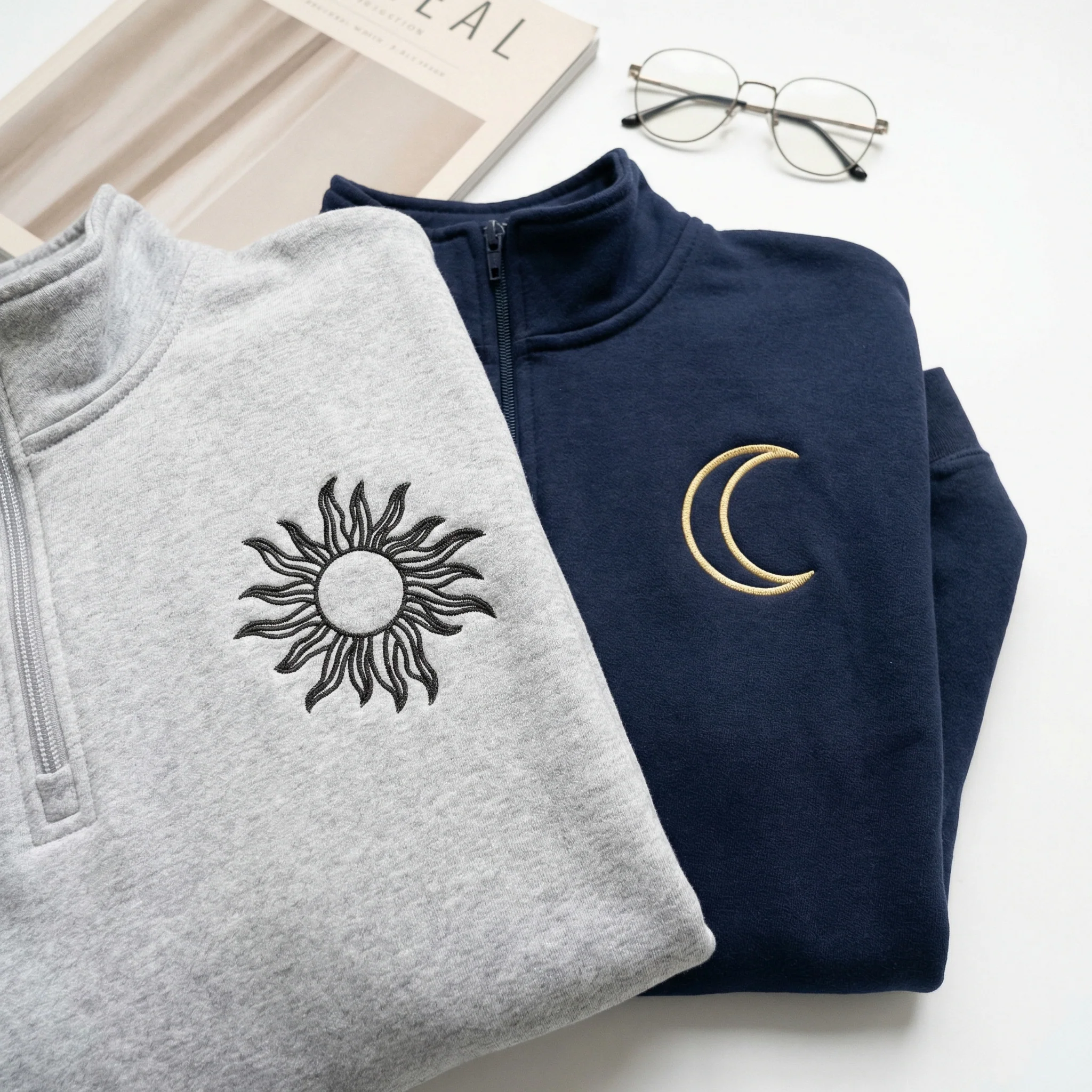 Custom Embroidered Sun and Moon Matching Quarter Zip Sweatshirts & Full-Zip Hoodie for Couples - Image 2
