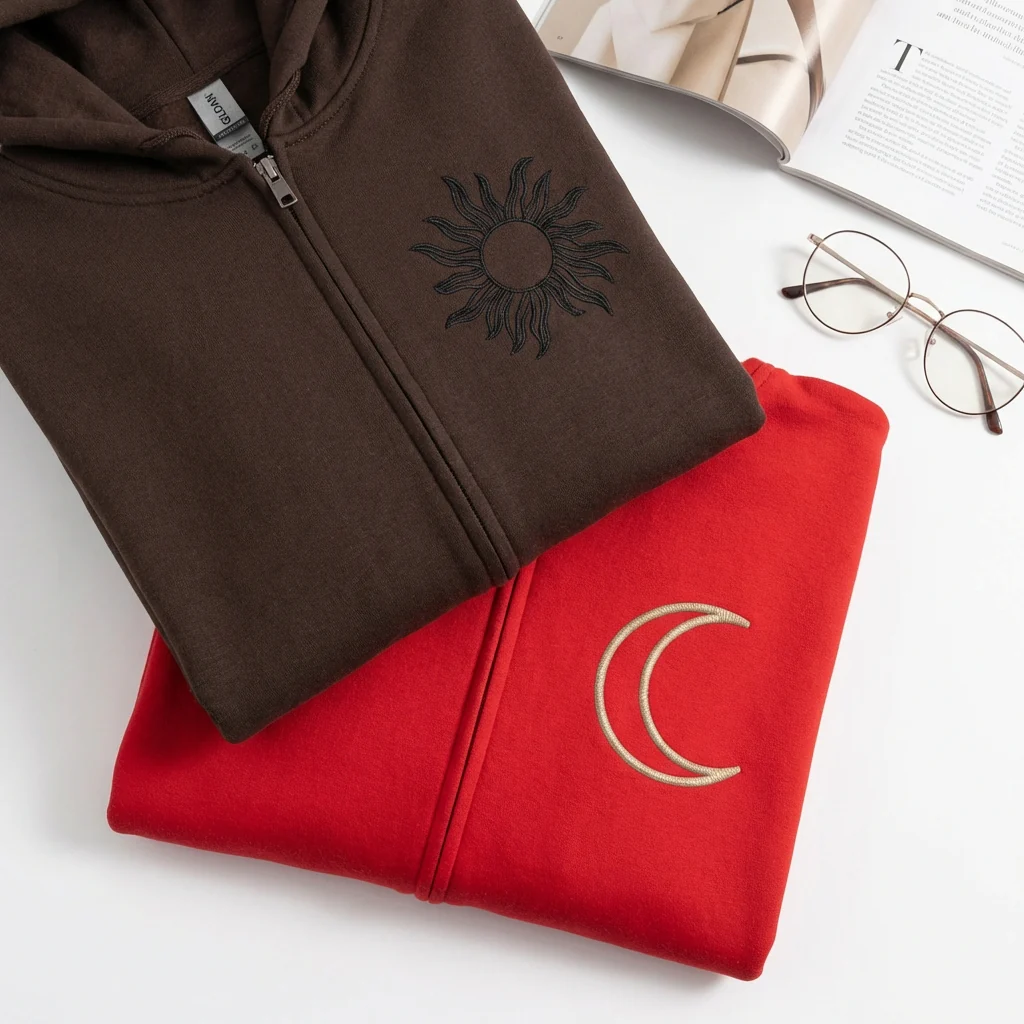 Custom Embroidered Sun and Moon Matching Quarter Zip Sweatshirts & Full-Zip Hoodie for Couples - Image 3