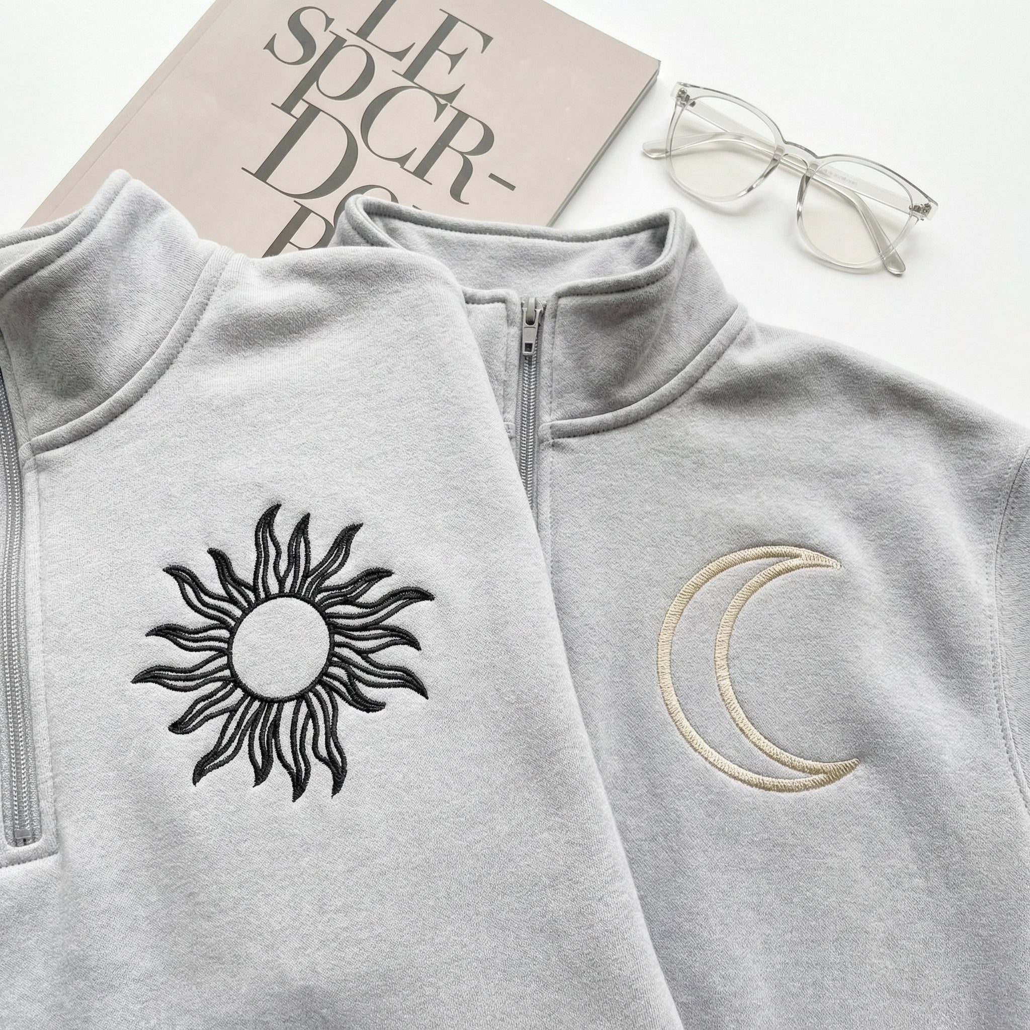 Custom Embroidered Sun and Moon Matching Quarter Zip Sweatshirts & Full-Zip Hoodie for Couples - Image 4