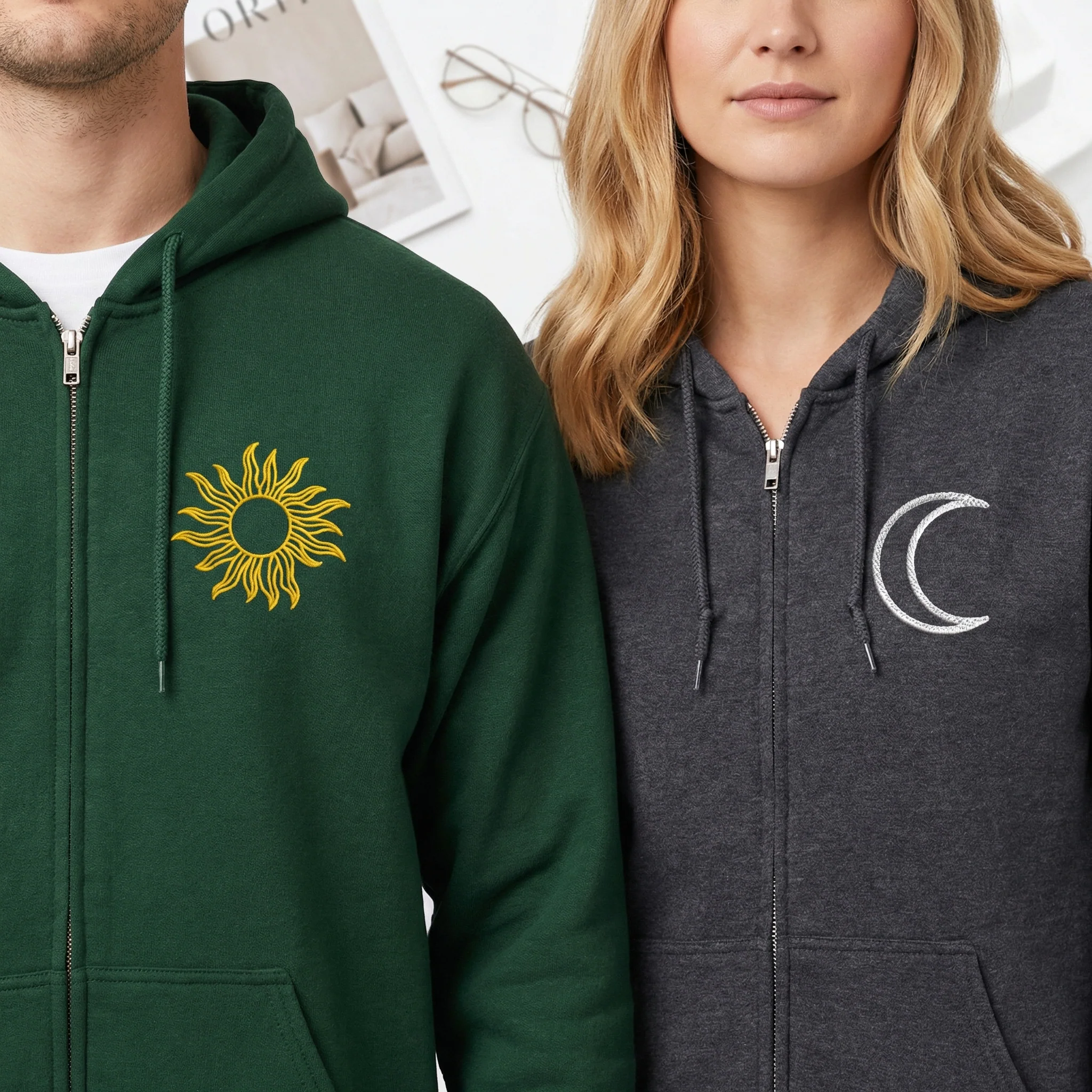 Custom Embroidered Sun and Moon Matching Quarter Zip Sweatshirts & Full-Zip Hoodie for Couples - Image 5