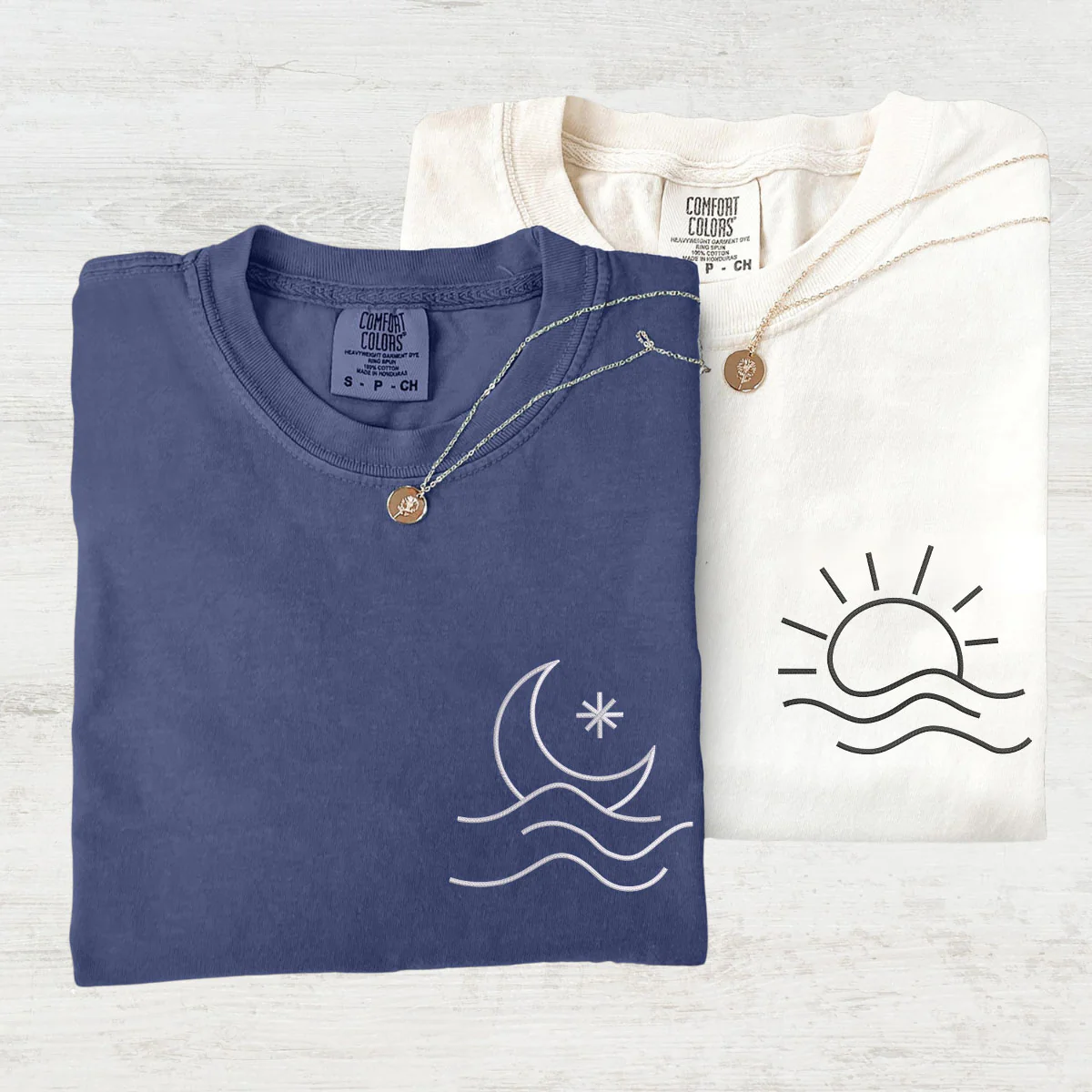 Custom Embroidered Sun and Moon Wave Matching T-shirts for Couples - Image 3