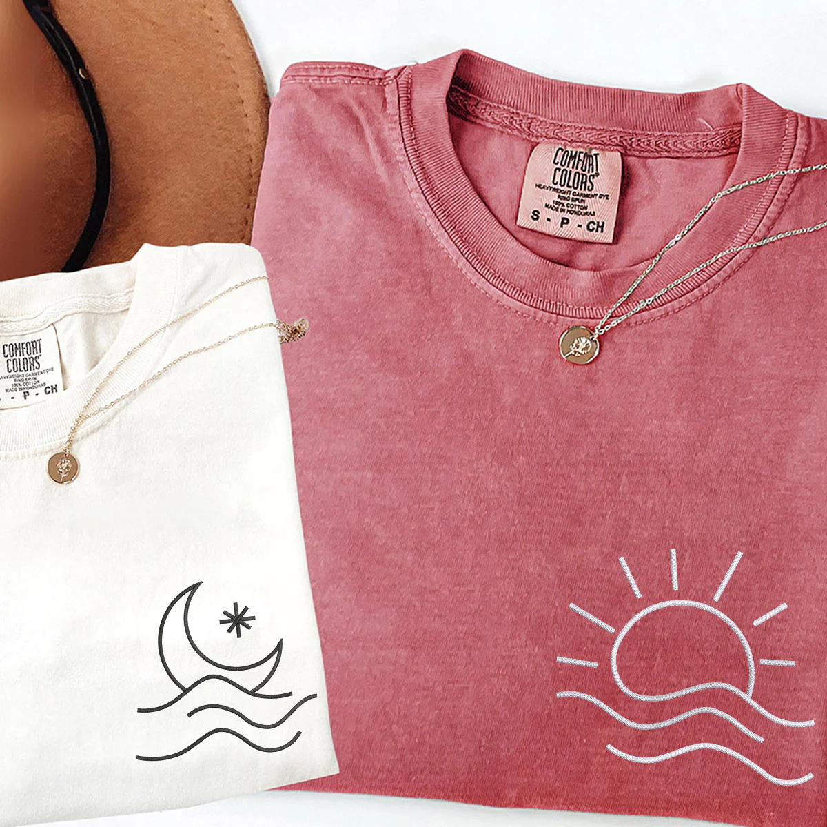 Custom Embroidered Sun and Moon Wave Matching T-shirts for Couples - Image 4