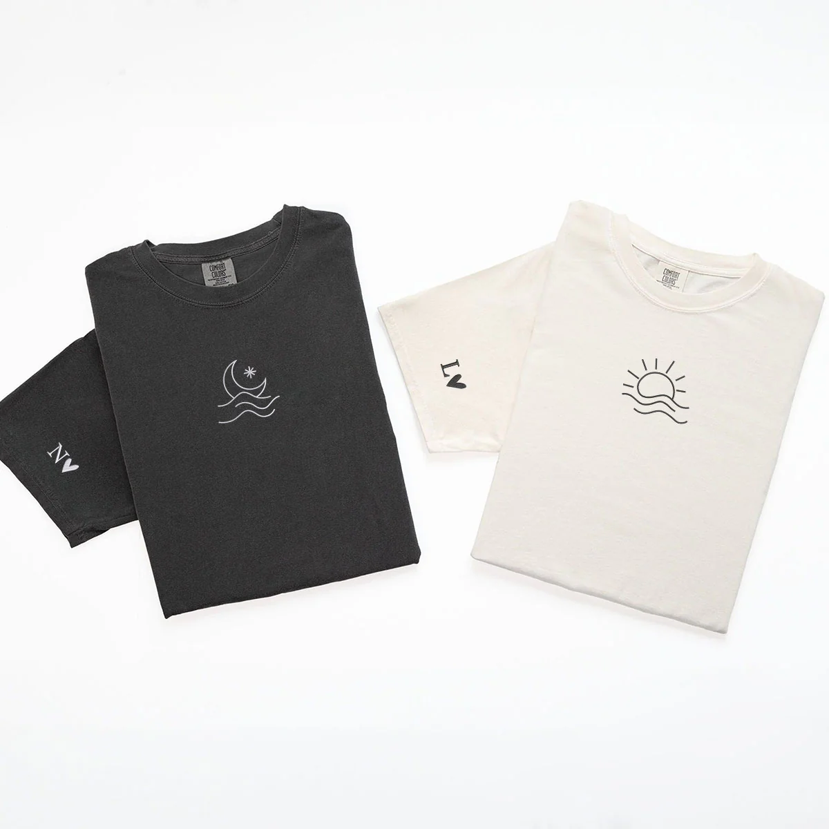 Custom Embroidered Sun and Moon Wave Matching T-shirts for Couples - Image 5