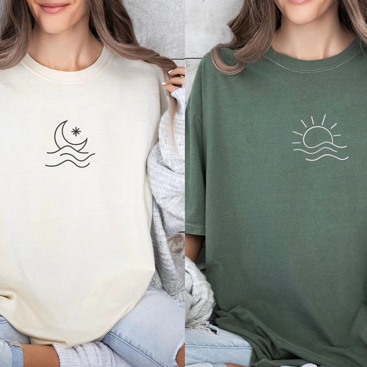 Custom Embroidered Sun and Moon Wave Matching T-shirts for Couples - Image 6