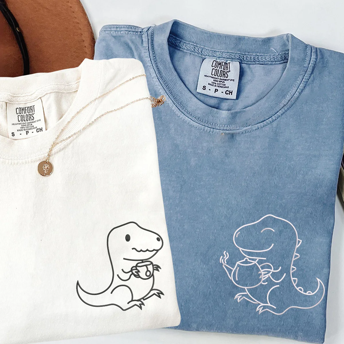 Custom Embroidered Tea Rex Matching T-shirts for Couples - Image 2