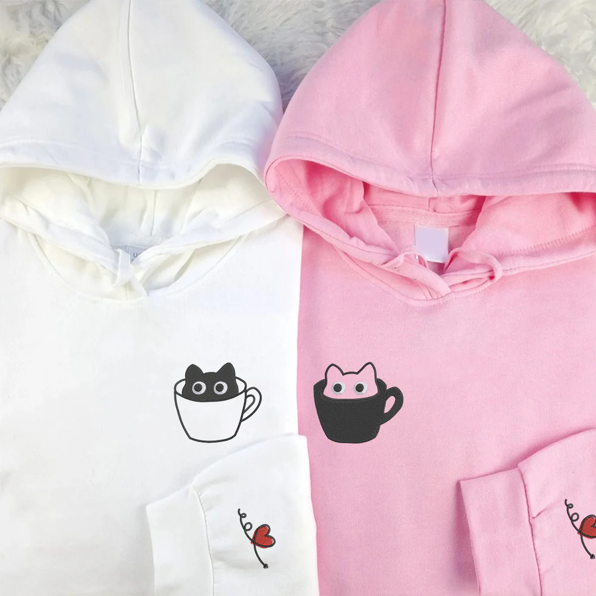 Custom Embroidered Teacup Cat Matching Hoodies for Couples - Image 2