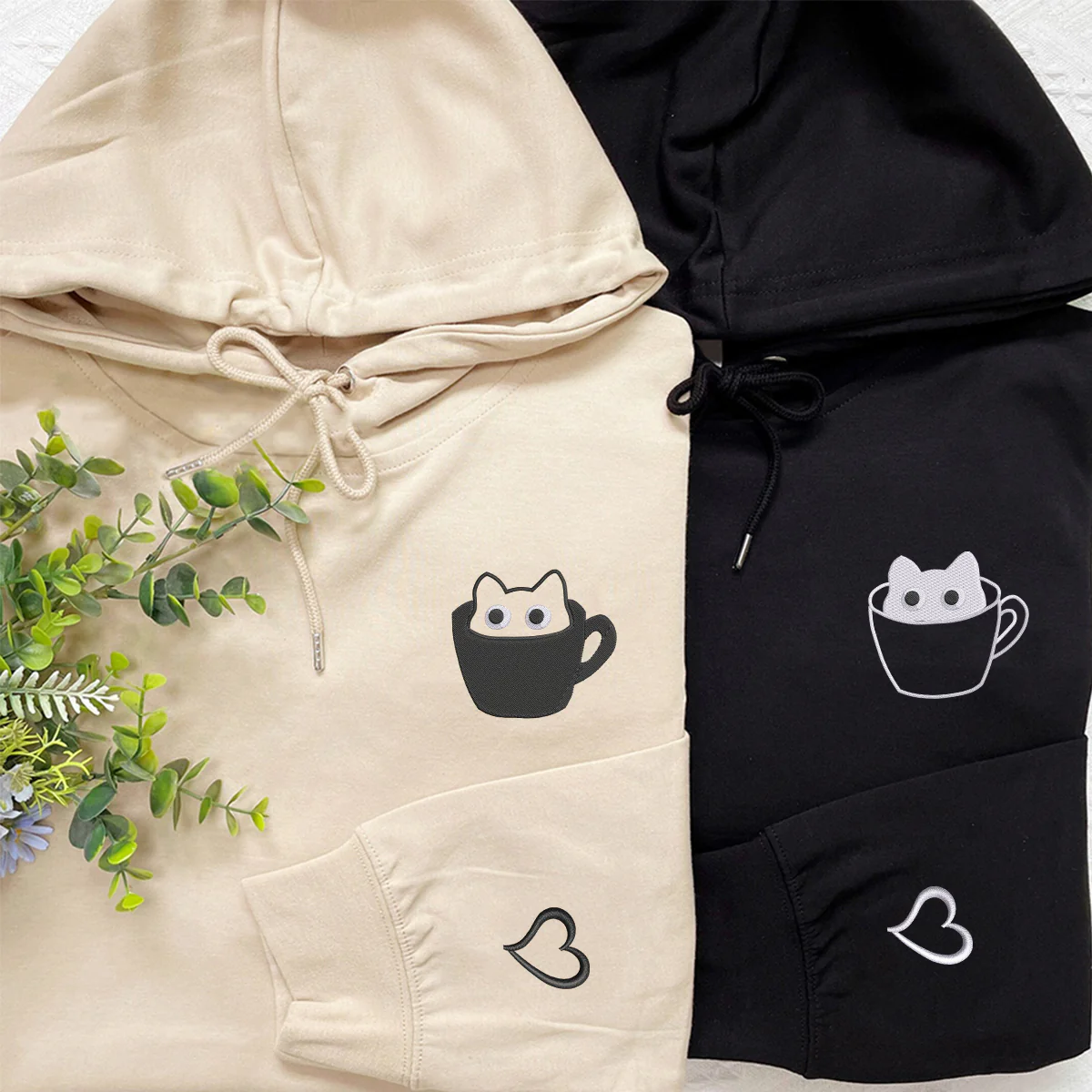 Custom Embroidered Teacup Cat Matching Hoodies for Couples - Image 3