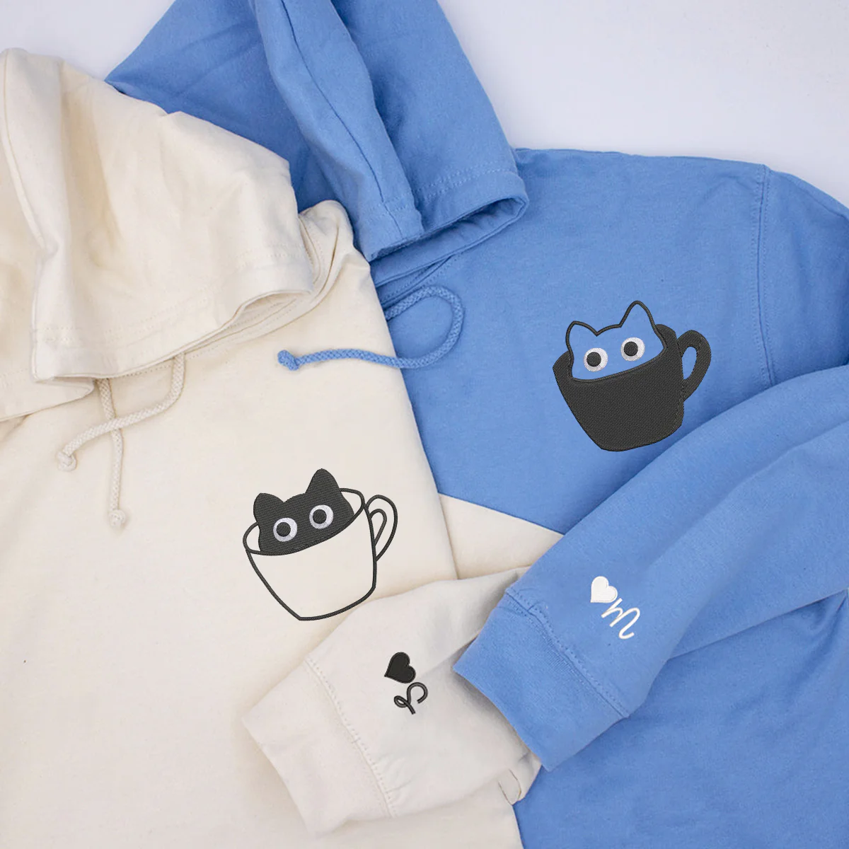 Custom Embroidered Teacup Cat Matching Hoodies for Couples - Image 4