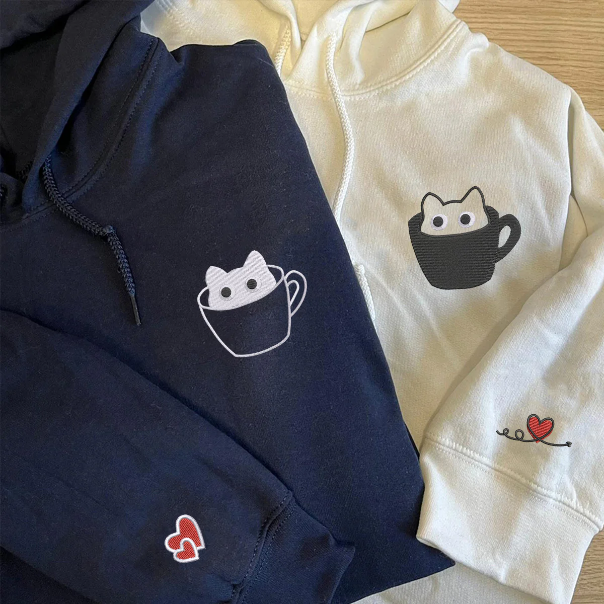 Custom Embroidered Teacup Cat Matching Hoodies for Couples - Image 5