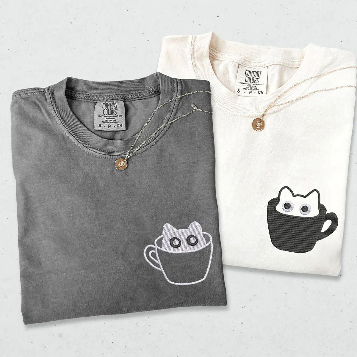 Custom Embroidered Teacup Cat Matching T-shirts for Couples