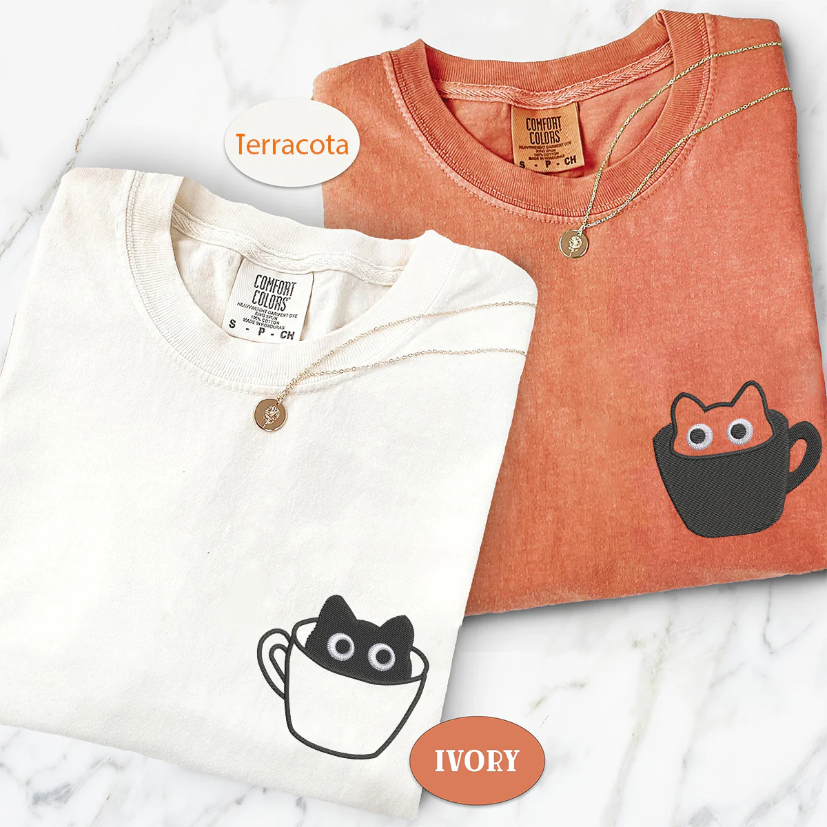 Custom Embroidered Teacup Cat Matching T-shirts for Couples - Image 2