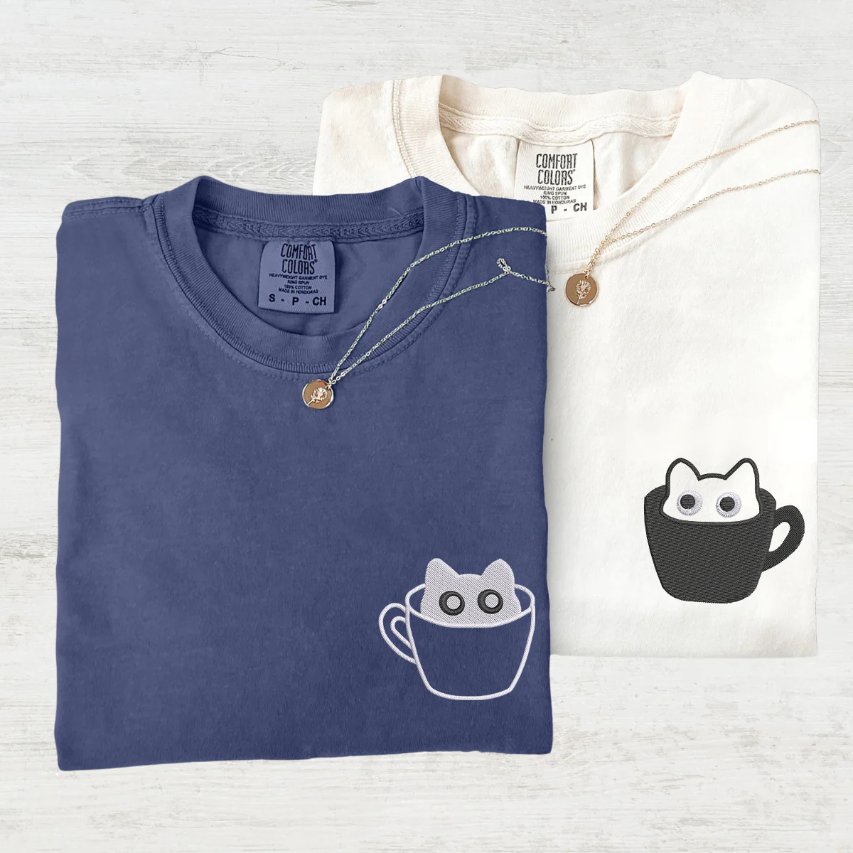 Custom Embroidered Teacup Cat Matching T-shirts for Couples - Image 3