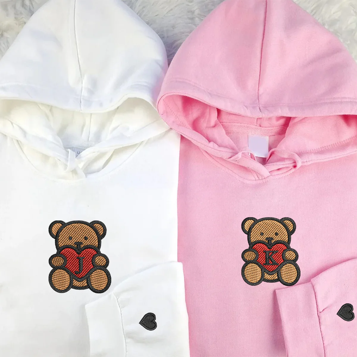 Custom Embroidered Teddy Bear Heart Matching Hoodies for Couples - Image 2